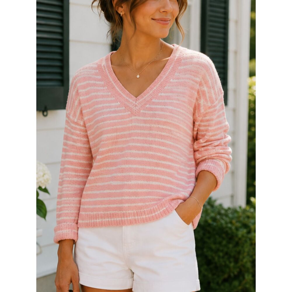 TALBOTS Linen Cotton Sweater SMALL Women's Pink Striped V-Neck Sweater